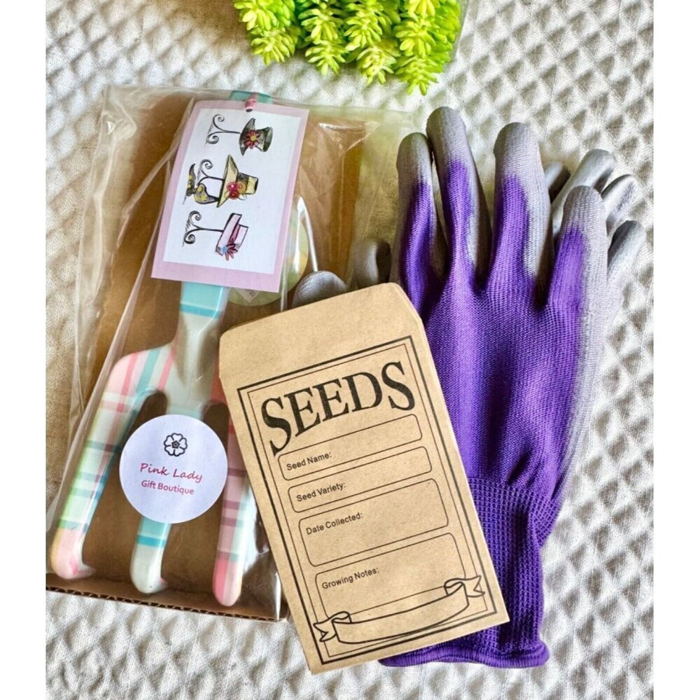 New Gardening Gift Set w/ Hand Rake, Seed Envelopes, Purple Gloves